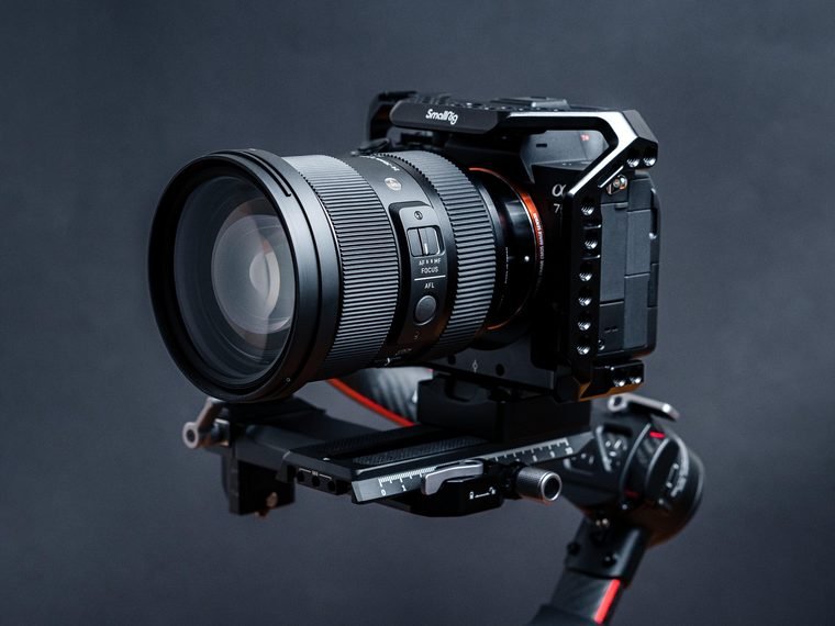 Camera rig on a gimbal, ready to shoot raw footage